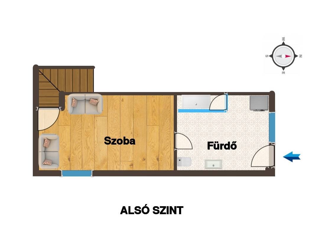 Az alsó szint alaprajza: szoba és fürdőszoba, valamint a felfelé vezető lépcső