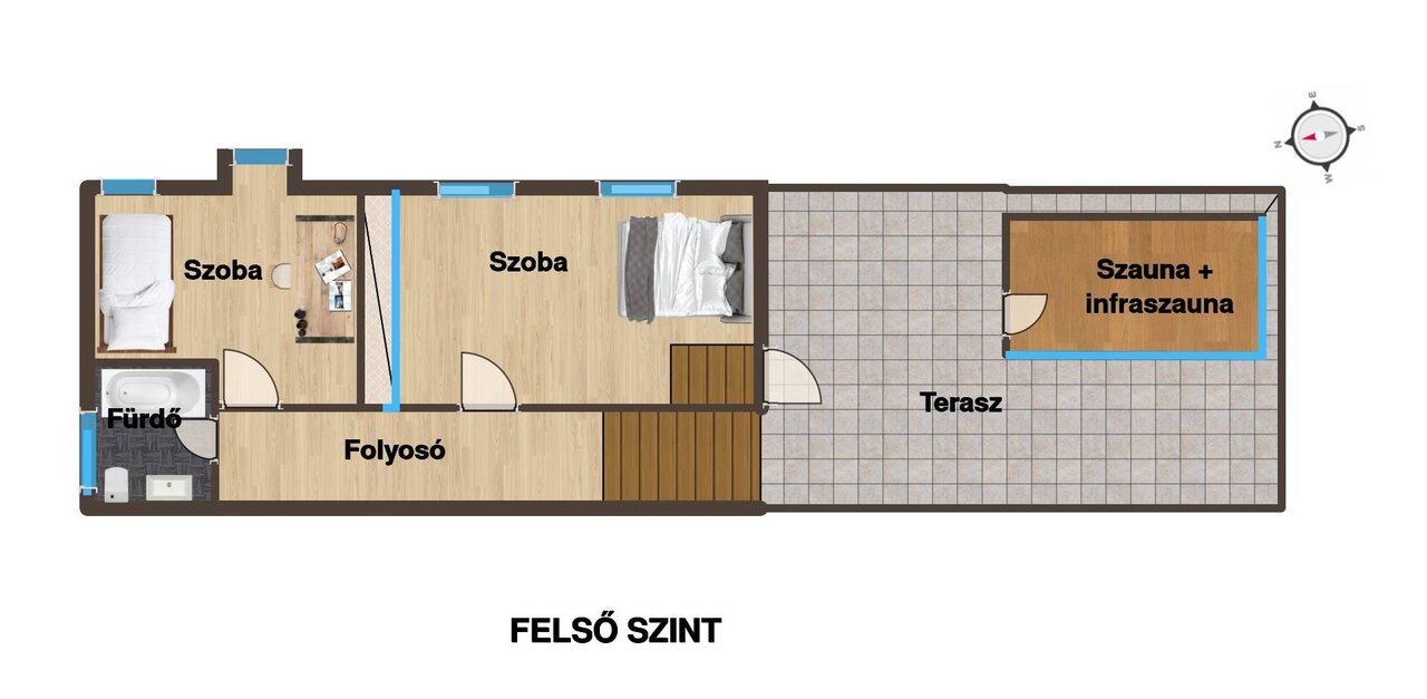A felső szint alaprajza: két hálószoba, fürdőszoba, folyosó, terasz, valamint szauna és infraszauna