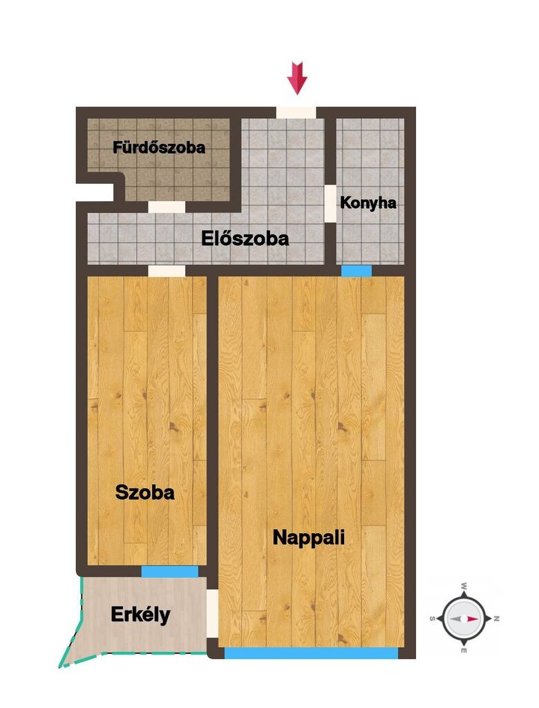 A lakás alaprajza: nappali, szoba, konyha, előszoba, fürdőszoba és erkély